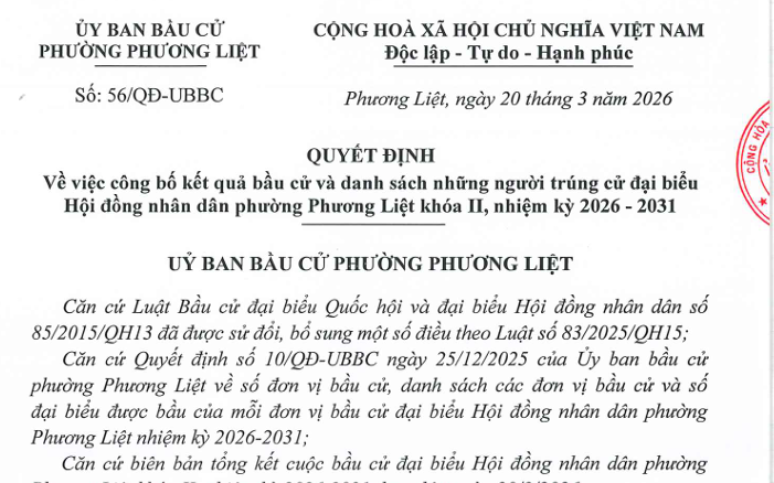 Quyết định công bố kết quả bầu cử và danh sách những người trúng cử đại biểu Hội đồng nhân dân phường Phương Liệt khóa II, nhiệm kỳ 2026-2031