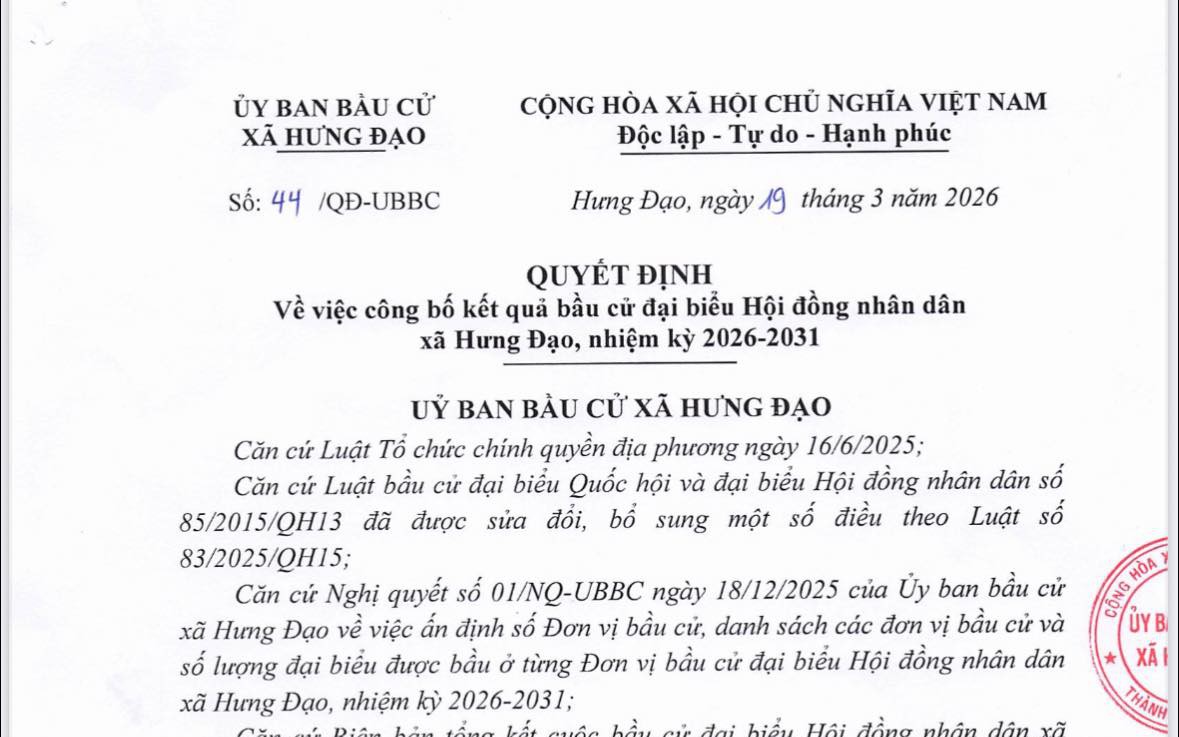 Công bố kết quả bầu cử đại biểu HĐND xã Hưng Đạo, nhiệm kỳ 2026-2031
