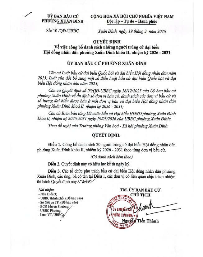 Xuân Đỉnh công bố 20 đại biểu trúng cử HĐND phường nhiệm kỳ 2026–2031- Ảnh 1.