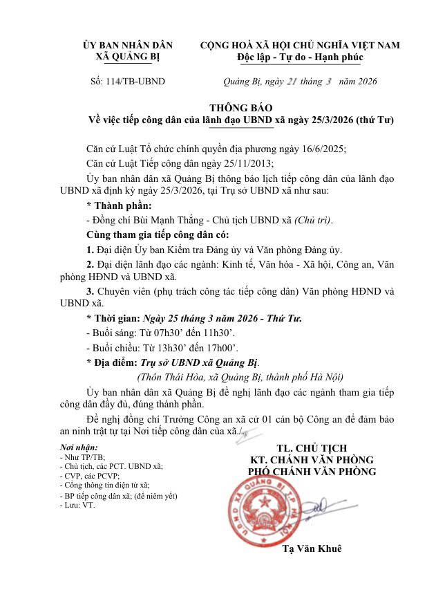 Lịch tiếp công dân của Lãnh đạo UBND xã Quảng Bị ngày 25/3/2026 (thứ Tư)- Ảnh 1.