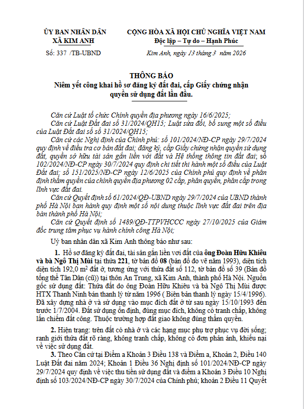 Thông báo niêm yết công khai hồ sơ đăng ký đất đai, cấp Giấy chứng nhận quyền sử dụng đất lần đầu của ông Đoàn Hữu Khiêu và bà Ngô Thị Mùi tại thôn Xuân Long, xã Kim Anh, thành phố Hà Nội- Ảnh 1.