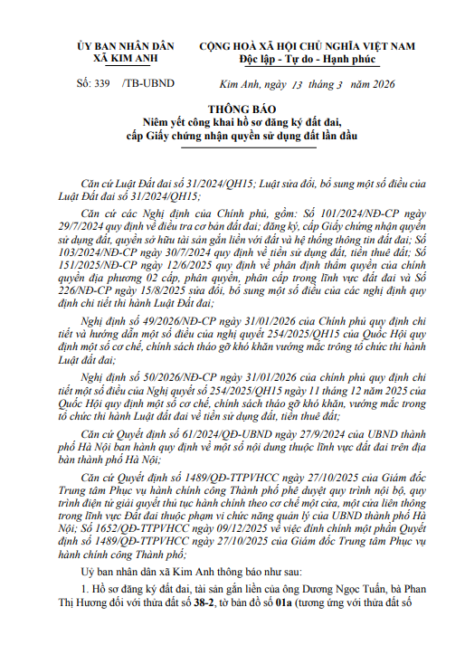 Thông báo niêm yết công khai hồ sơ đăng ký đất đai,
cấp Giấy chứng nhận quyền sử dụng đất lần đầu của ông Dương Ngọc Tuấn và bà Phan Thị Hương tại thôn Xuân Long, xã Kim Anh, thành phố Hà Nội
- Ảnh 1.