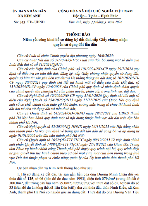 Thông báo niêm yết công khai hồ sơ đăng ký đất đai, cấp Giấy chứng nhận quyền sử dụng đất lần đầu của ông Dương Minh Châu tại thôn Ninh Kiều, xã Kim Anh, thành phố Hà Nội- Ảnh 1.