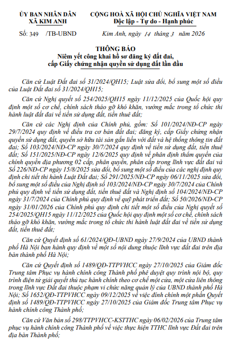 Thông báo niêm yết công khai hồ sơ đăng ký đất đai,
cấp Giấy chứng nhận quyền sử dụng đất lần đầu của ông Nguyễn Đức Định và bà Dương Thị Oanh tại thôn Thái Lai, xã Kim Anh, thành phố Hà Nội- Ảnh 1.