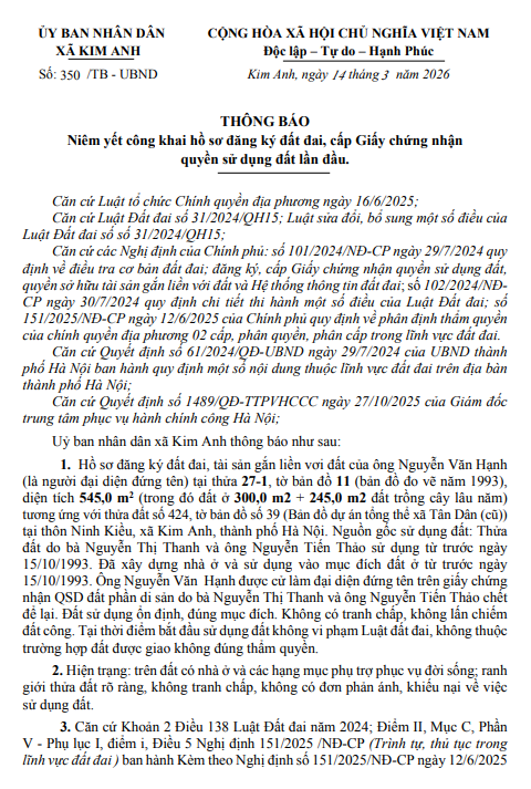 Thông báo niêm yết công khai hồ sơ đăng ký đất đai, cấp Giấy chứng nhận quyền sử dụng đất lần đầu của ông Nguyễn Văn Hạnh tại thôn Ninh Kiều, xã Kim Anh, thành phố Hà Nội
- Ảnh 1.