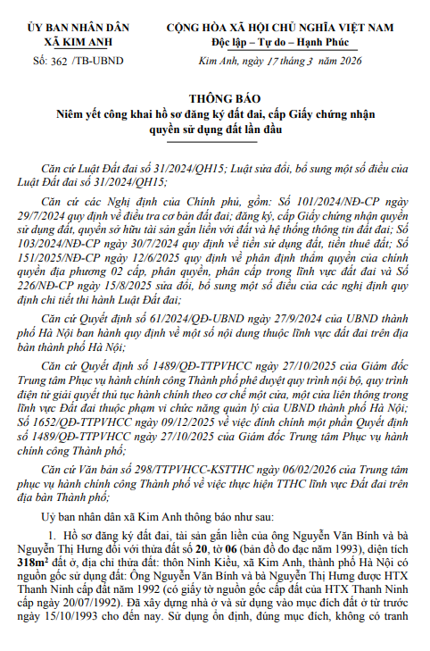 Thông báo niêm yết công khai hồ sơ đăng ký đất đai, cấp Giấy chứng nhận quyền sử dụng đất lần đầu của ông Nguyễn Văn Bính và bà Nguyễn Thị Hưng tại thôn Ninh Kiều, xã Kim Anh, thành phố Hà Nội- Ảnh 1.