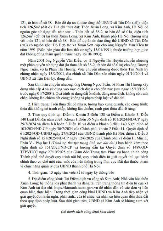 Thông báo niêm yết công khai hồ sơ đăng ký đất đai,
cấp Giấy chứng nhận quyền sử dụng đất lần đầu của ông Dương Ngọc Tuấn và bà Phan Thị Hương tại thôn Xuân Long, xã Kim Anh, thành phố Hà Nội
- Ảnh 2.