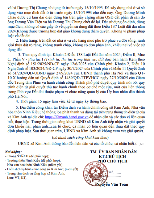 Thông báo niêm yết công khai hồ sơ đăng ký đất đai, cấp Giấy chứng nhận quyền sử dụng đất lần đầu của ông Dương Minh Châu tại thôn Ninh Kiều, xã Kim Anh, thành phố Hà Nội- Ảnh 2.