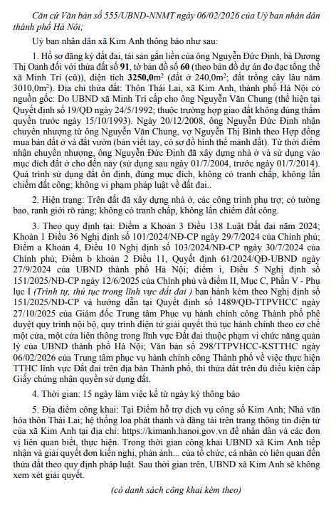Thông báo niêm yết công khai hồ sơ đăng ký đất đai,
cấp Giấy chứng nhận quyền sử dụng đất lần đầu của ông Nguyễn Đức Định và bà Dương Thị Oanh tại thôn Thái Lai, xã Kim Anh, thành phố Hà Nội- Ảnh 2.