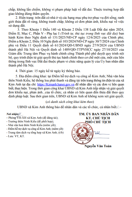 Thông báo niêm yết công khai hồ sơ đăng ký đất đai, cấp Giấy chứng nhận quyền sử dụng đất lần đầu của ông Nguyễn Văn Bính và bà Nguyễn Thị Hưng tại thôn Ninh Kiều, xã Kim Anh, thành phố Hà Nội- Ảnh 2.
