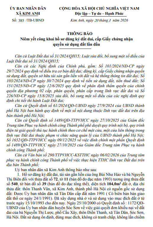 Thông báo niêm yết công khai hồ sơ đăng ký đất đai, cấp Giấy chứng nhận quyền sử dụng đất lần đầu của ông Bùi Như Hảo và bà Nguyễn Thị Biên tại địa chỉ thôn Thanh Vân, xã Kim Anh, thành phố Hà Nội- Ảnh 1.