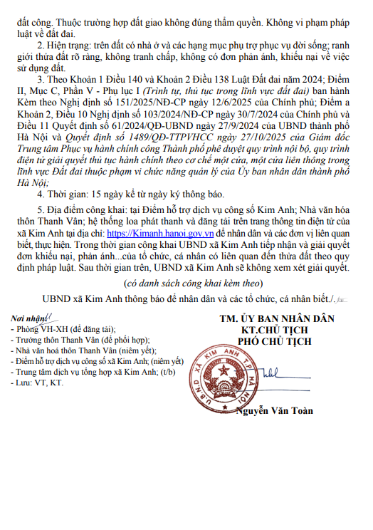 Thông báo niêm yết công khai hồ sơ đăng ký đất đai, cấp Giấy chứng nhận quyền sử dụng đất lần đầu của ông Bùi Như Hảo và bà Nguyễn Thị Biên tại địa chỉ thôn Thanh Vân, xã Kim Anh, thành phố Hà Nội- Ảnh 2.