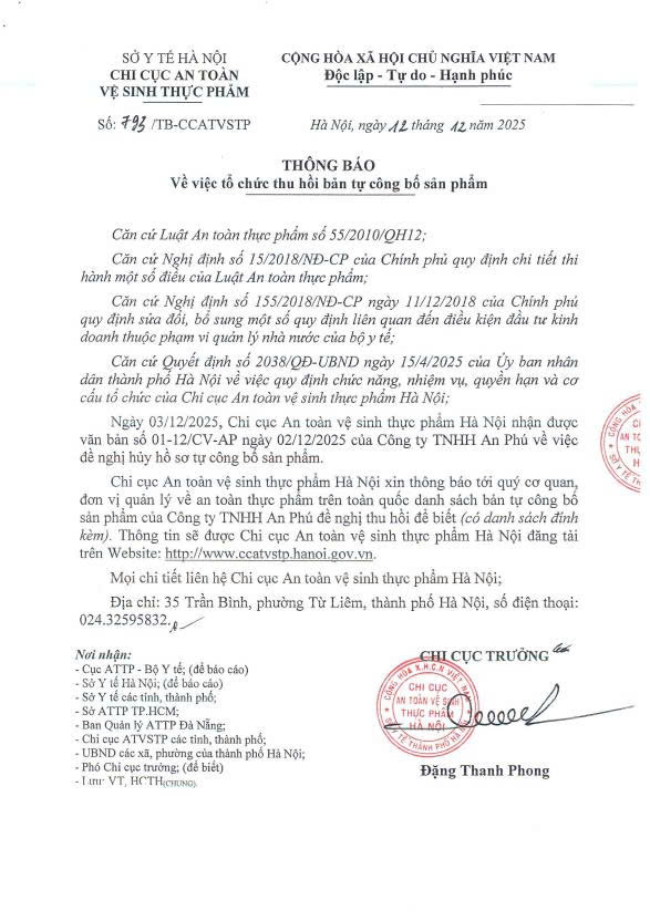 Thông báo v/v tổ chức thu hồi bản tự công bố sản phẩm (Công ty TNHH An Phú)- Ảnh 1.
