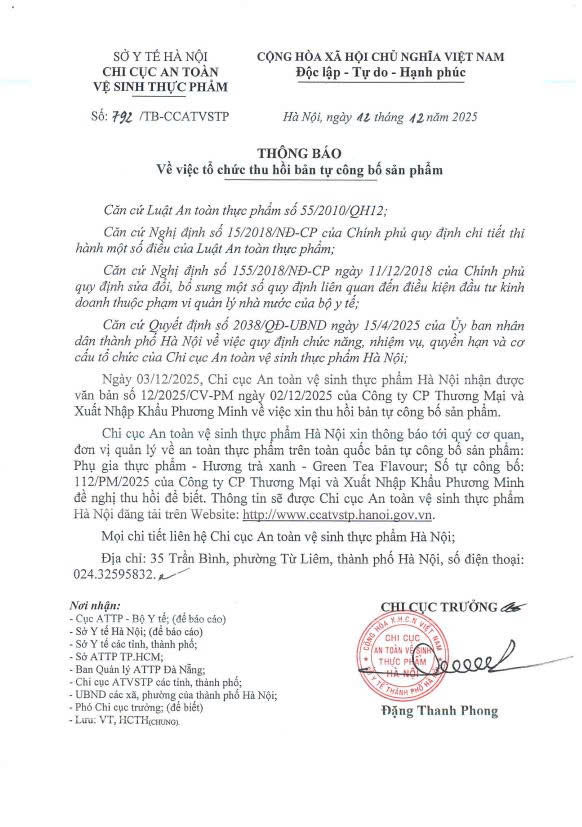 Thông báo v/v tổ chức thu hồi bản tự công bố sản phẩm (Công ty CP TM và XNK Phương Minh)- Ảnh 1.