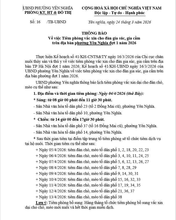 THÔNG BÁO: Tiêm phòng vắc xin cho đàn gia súc, gia cầm trên địa bàn phường Yên Nghĩa đợt 1 năm 2026
- Ảnh 1.