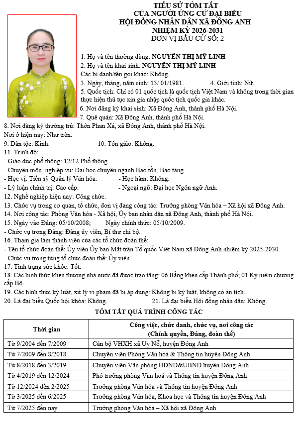 TIỂU SỬ NHỮNG NGƯỜI ỨNG CỬ HỘI ĐỒNG NHÂN DÂN XÃ ĐÔNG ANH KHÓA II, NHIỆM KỲ 2026-2031 TẠI ĐƠN VỊ BẦU CỬ SỐ 2- Ảnh 3.