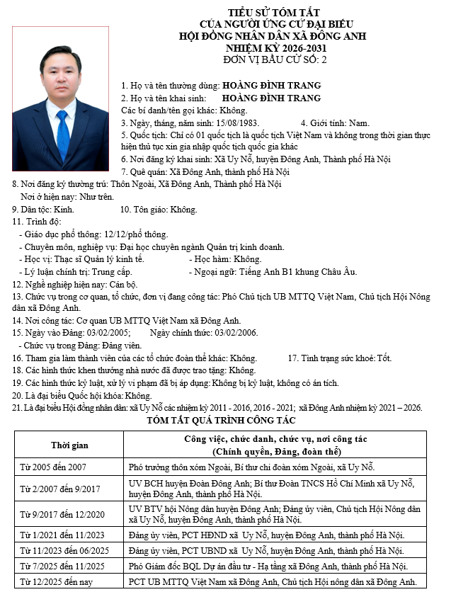 TIỂU SỬ NHỮNG NGƯỜI ỨNG CỬ HỘI ĐỒNG NHÂN DÂN XÃ ĐÔNG ANH KHÓA II, NHIỆM KỲ 2026-2031 TẠI ĐƠN VỊ BẦU CỬ SỐ 2- Ảnh 6.