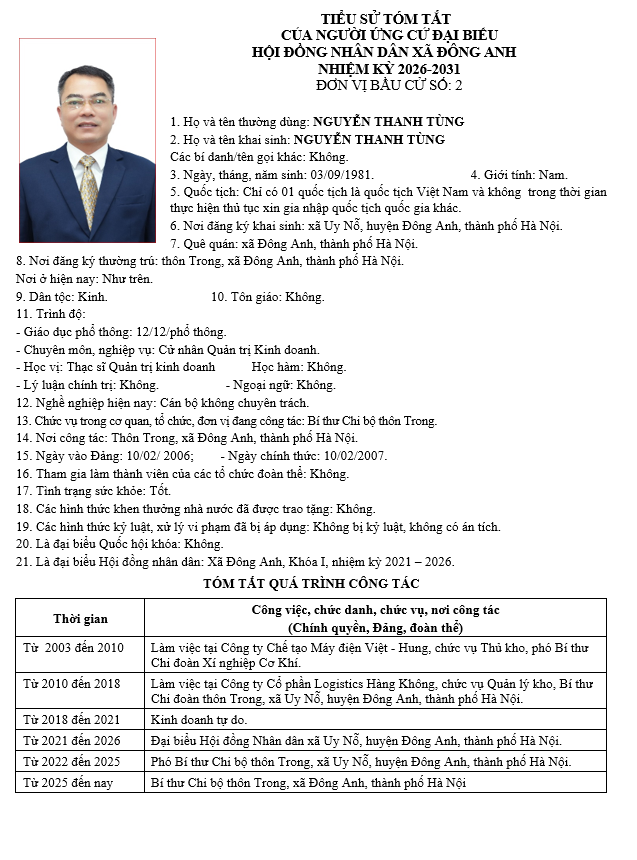 TIỂU SỬ NHỮNG NGƯỜI ỨNG CỬ HỘI ĐỒNG NHÂN DÂN XÃ ĐÔNG ANH KHÓA II, NHIỆM KỲ 2026-2031 TẠI ĐƠN VỊ BẦU CỬ SỐ 2- Ảnh 7.