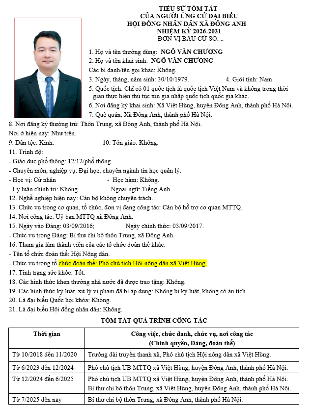 TIỂU SỬ NHỮNG NGƯỜI ỨNG CỬ HỘI ĐỒNG NHÂN DÂN XÃ ĐÔNG ANH KHÓA II, NHIỆM KỲ 2026-2031 TẠI ĐƠN VỊ BẦU CỬ SỐ 3- Ảnh 1.