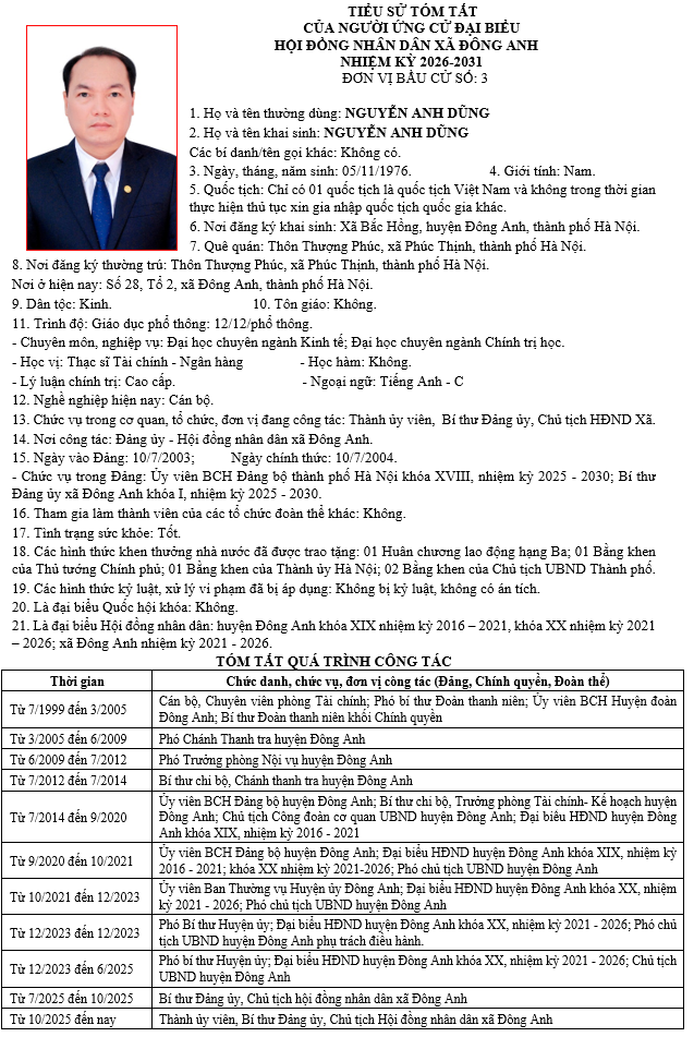 TIỂU SỬ NHỮNG NGƯỜI ỨNG CỬ HỘI ĐỒNG NHÂN DÂN XÃ ĐÔNG ANH KHÓA II, NHIỆM KỲ 2026-2031 TẠI ĐƠN VỊ BẦU CỬ SỐ 3- Ảnh 2.