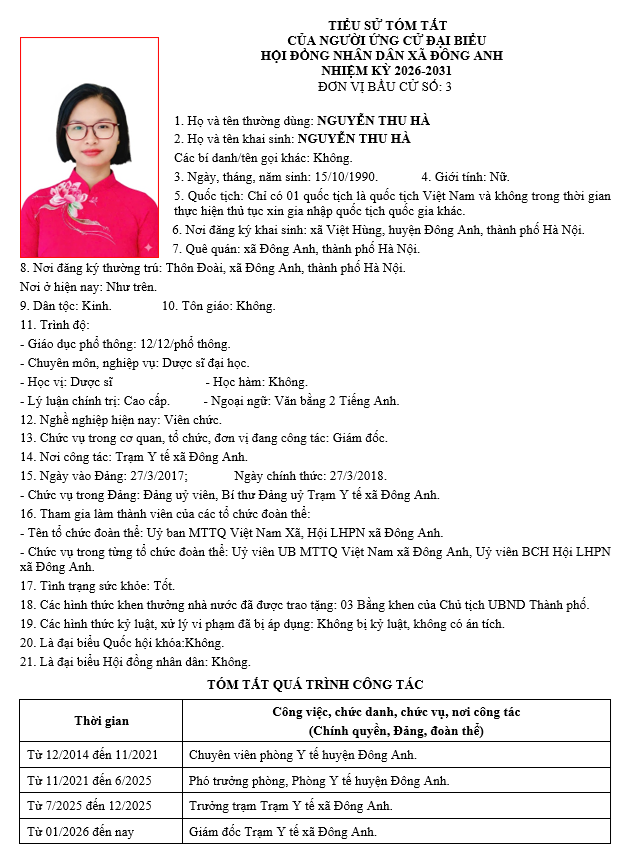 TIỂU SỬ NHỮNG NGƯỜI ỨNG CỬ HỘI ĐỒNG NHÂN DÂN XÃ ĐÔNG ANH KHÓA II, NHIỆM KỲ 2026-2031 TẠI ĐƠN VỊ BẦU CỬ SỐ 3- Ảnh 3.