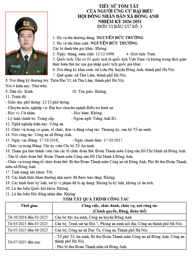 TIỂU SỬ NHỮNG NGƯỜI ỨNG CỬ HỘI ĐỒNG NHÂN DÂN XÃ ĐÔNG ANH KHÓA II, NHIỆM KỲ 2026-2031 TẠI ĐƠN VỊ BẦU CỬ SỐ 3- Ảnh 8.