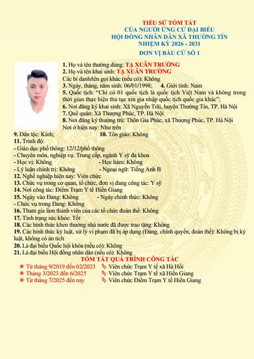 Danh sách và tiểu sử tóm tắt những người ứng cử đại biểu HĐND xã Thường Tín khoá II, nhiệm kỳ 2026 -2031 tại đơn vị bầu cử số 01- Ảnh 9.
