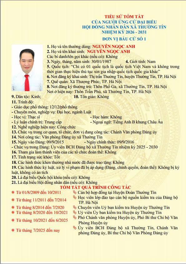 Danh sách và tiểu sử tóm tắt những người ứng cử đại biểu HĐND xã Thường Tín khoá II, nhiệm kỳ 2026 -2031 tại đơn vị bầu cử số 01- Ảnh 2.