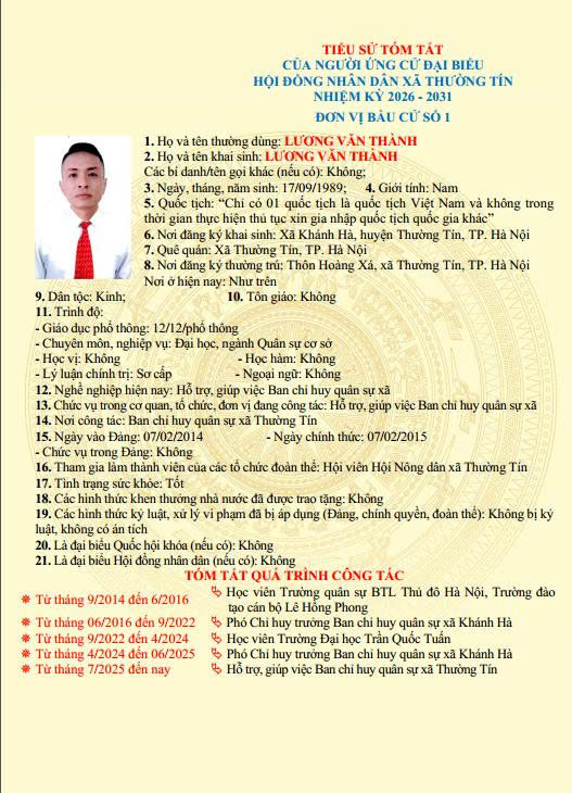 Danh sách và tiểu sử tóm tắt những người ứng cử đại biểu HĐND xã Thường Tín khoá II, nhiệm kỳ 2026 -2031 tại đơn vị bầu cử số 01- Ảnh 8.