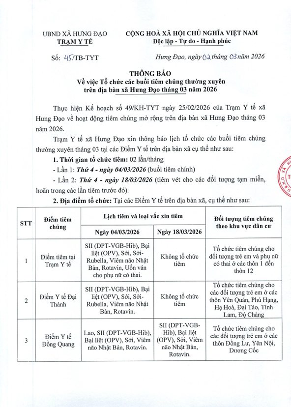 THÔNG BÁO
Về việc Tổ chức các buổi tiêm chủng thường xuyên trên địa bàn xã Hưng Đạo tháng 03 năm 2026- Ảnh 1.