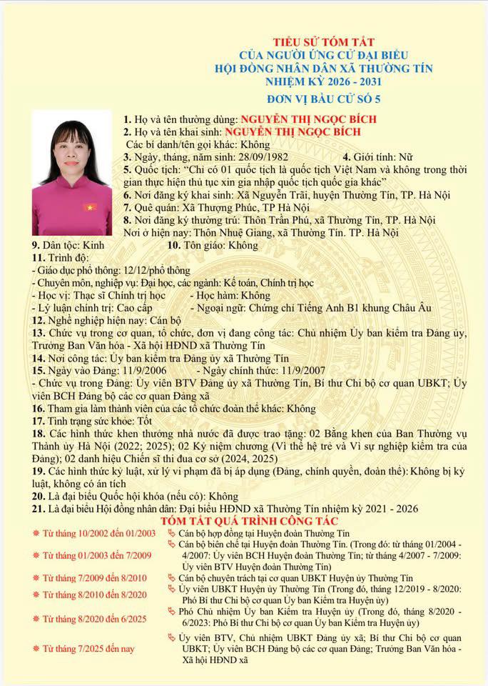 Danh sách và tiểu sử tóm tắt những người ứng cử đại biểu HĐND xã Thường Tín khoá II, nhiệm kỳ 2026 -2031 tại đơn vị bầu cử số 05- Ảnh 2.