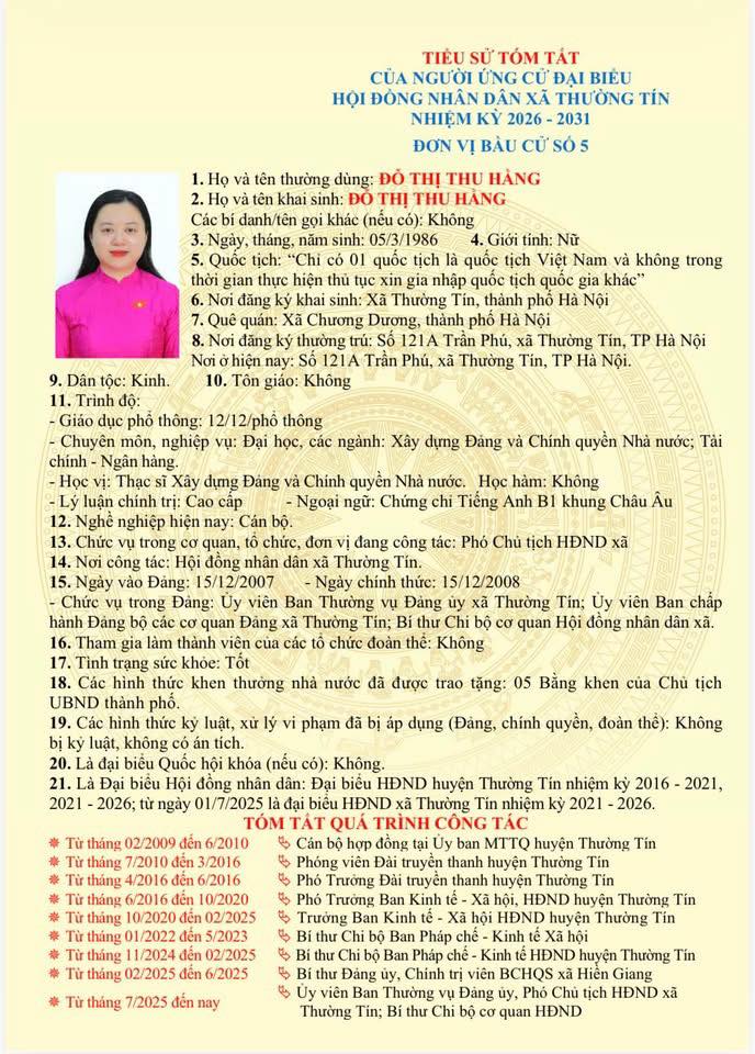 Danh sách và tiểu sử tóm tắt những người ứng cử đại biểu HĐND xã Thường Tín khoá II, nhiệm kỳ 2026 -2031 tại đơn vị bầu cử số 05- Ảnh 4.