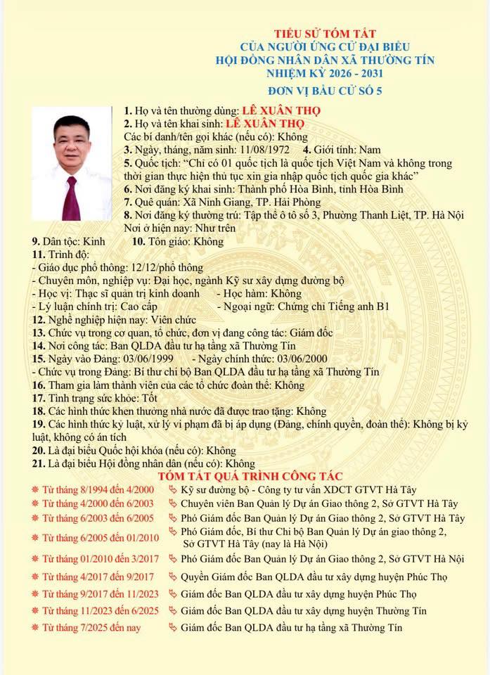 Danh sách và tiểu sử tóm tắt những người ứng cử đại biểu HĐND xã Thường Tín khoá II, nhiệm kỳ 2026 -2031 tại đơn vị bầu cử số 05- Ảnh 8.