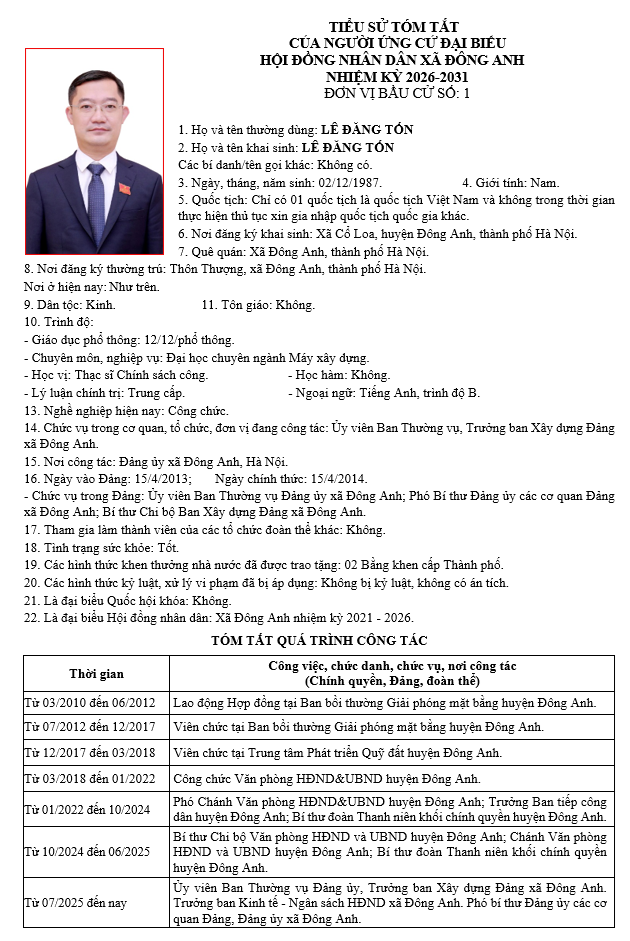 TIỂU SỬ NHỮNG NGƯỜI ỨNG CỬ HỘI ĐỒNG NHÂN DÂN XÃ ĐÔNG ANH KHÓA II, NHIỆM KỲ 2026-2031 TẠI ĐƠN VỊ BẦU CỬ SỐ 1- Ảnh 7.