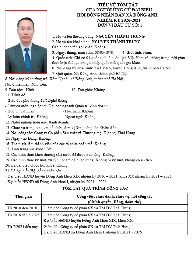 TIỂU SỬ NHỮNG NGƯỜI ỨNG CỬ HỘI ĐỒNG NHÂN DÂN XÃ ĐÔNG ANH KHÓA II, NHIỆM KỲ 2026-2031 TẠI ĐƠN VỊ BẦU CỬ SỐ 1- Ảnh 8.