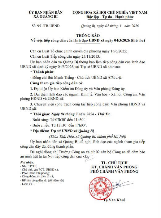 Lịch tiếp công dân của Lãnh đạo UBND xã ngày 04/3/2026 (Thứ 4)- Ảnh 1.