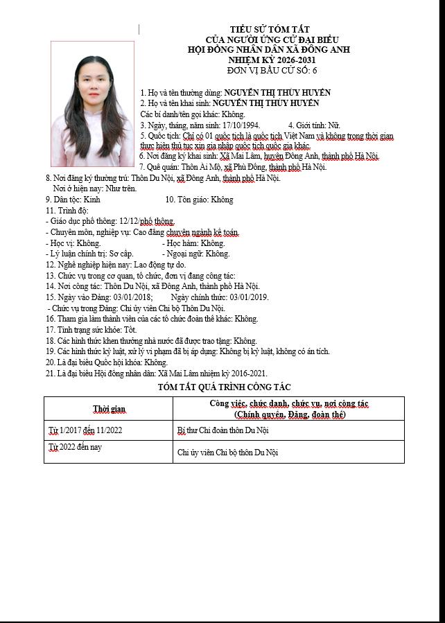 TIỂU SỬ NHỮNG NGƯỜI ỨNG CỬ HỘI ĐỒNG NHÂN DÂN XÃ ĐÔNG ANH KHÓA II, NHIỆM KỲ 2026-2031 TẠI ĐƠN VỊ BẦU CỬ SỐ 6- Ảnh 4.