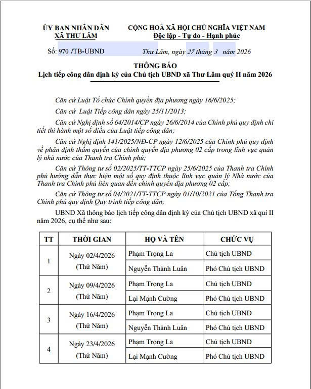 LỊCH TIẾP CÔNG DÂN ĐỊNH KỲ CỦA CHỦ TỊCH UBND XÃ THƯ LÂM QUÝ II NĂM 2026- Ảnh 1.