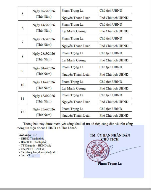 LỊCH TIẾP CÔNG DÂN ĐỊNH KỲ CỦA CHỦ TỊCH UBND XÃ THƯ LÂM QUÝ II NĂM 2026- Ảnh 2.