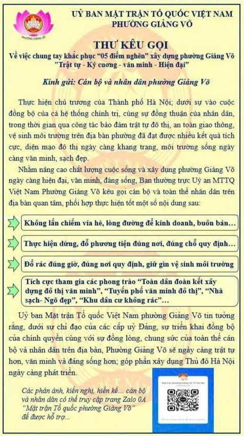 Ủy ban Mặt trận Tổ Quốc Việt Nam phường kêu gọi cán bộ, hội viên, đoàn viên và nhân dân đồng hành cùng chính quyền giải quyết 5 điểm nghẽn của Thành phố.- Ảnh 1.