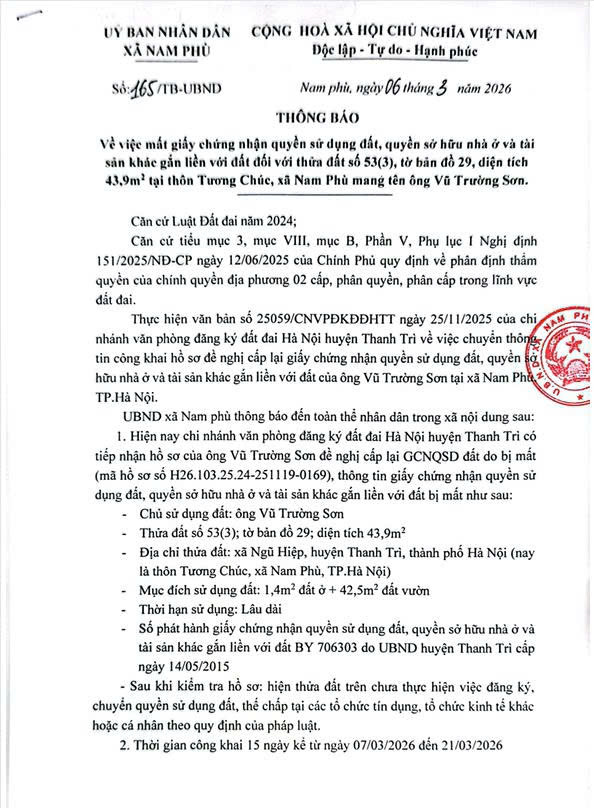 Thông báo số 165/TB-UBND ngày 06/3/2026 của UBND xã Nam Phù- Ảnh 1.