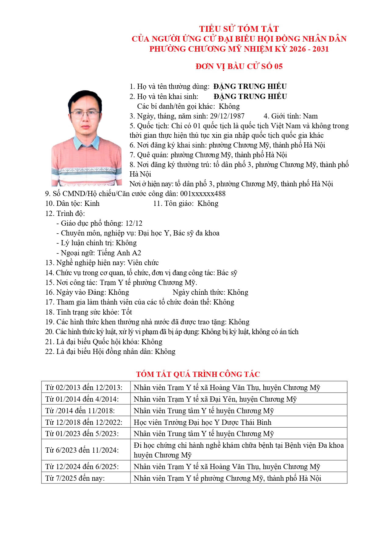 TIỂU SỬ TÓM TẮT CỦA NGƯỜI ỨNG CỬ ĐẠI BIỂU HỘI ĐỒNG NHÂN DÂN PHƯỜNG CHƯƠNG MỸ NHIỆM KỲ 2026 - 2031 - Ảnh 26.