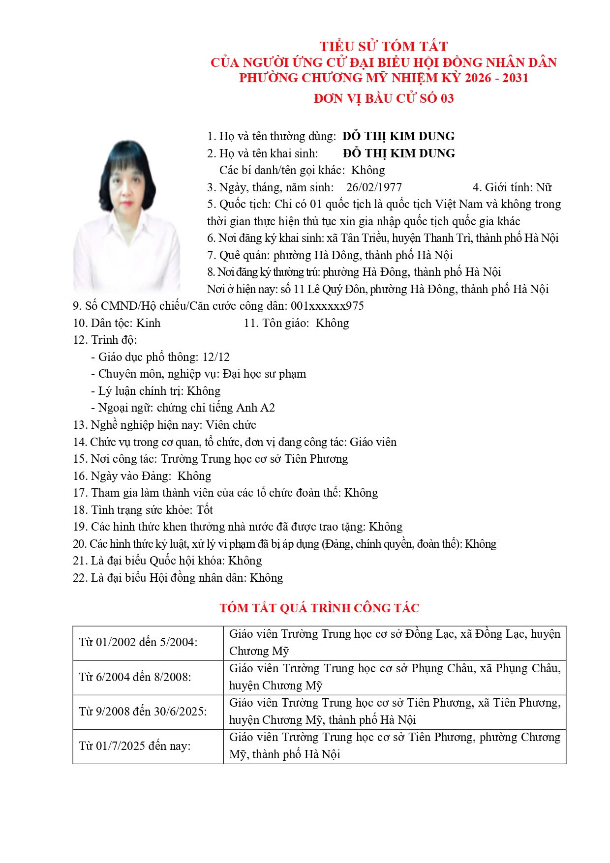 TIỂU SỬ TÓM TẮT CỦA NGƯỜI ỨNG CỬ ĐẠI BIỂU HỘI ĐỒNG NHÂN DÂN PHƯỜNG CHƯƠNG MỸ NHIỆM KỲ 2026 - 2031 - Ảnh 17.