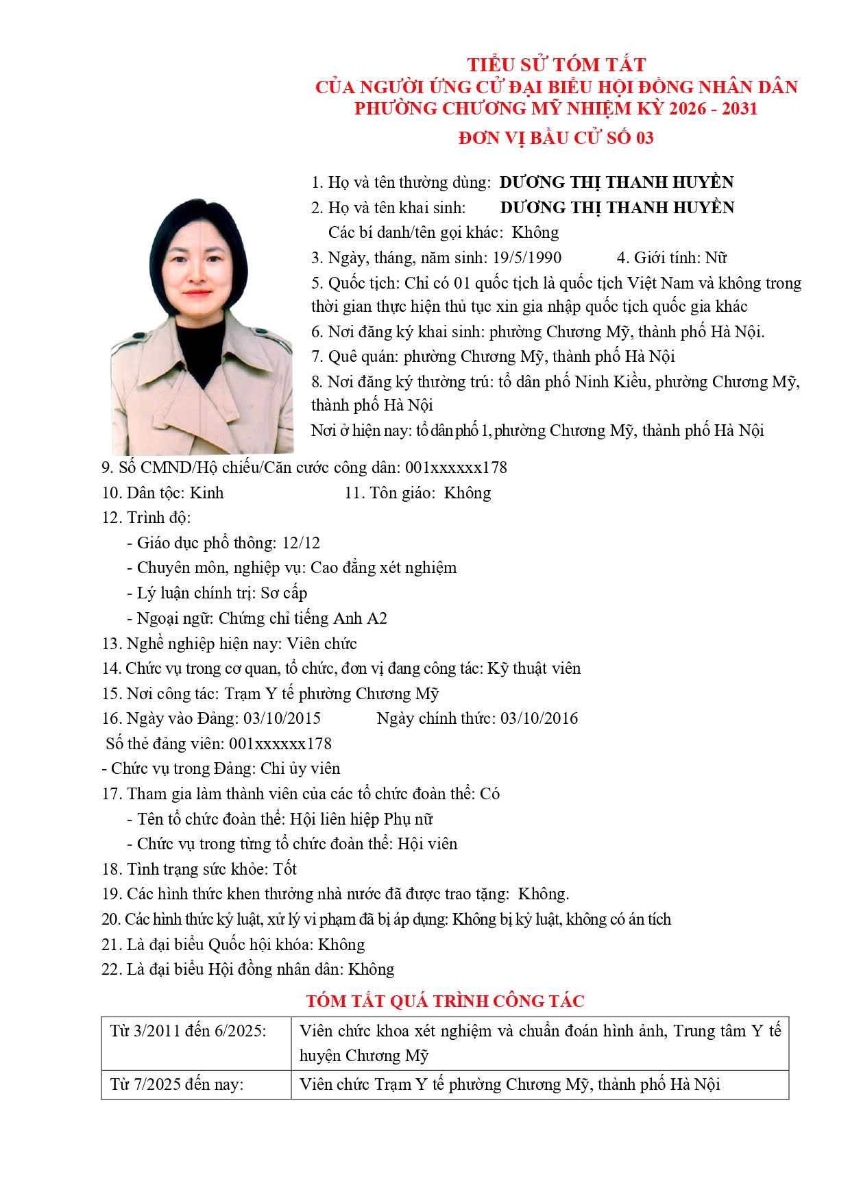 TIỂU SỬ TÓM TẮT CỦA NGƯỜI ỨNG CỬ ĐẠI BIỂU HỘI ĐỒNG NHÂN DÂN PHƯỜNG CHƯƠNG MỸ NHIỆM KỲ 2026 - 2031 - Ảnh 18.