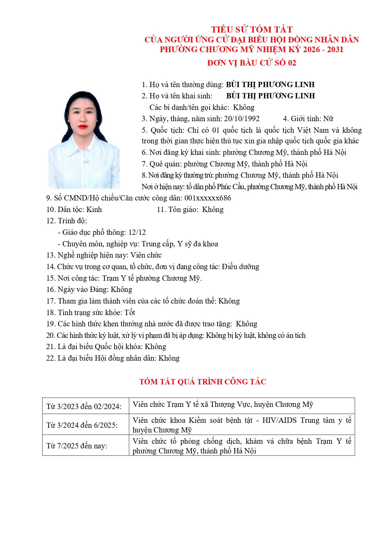 TIỂU SỬ TÓM TẮT CỦA NGƯỜI ỨNG CỬ ĐẠI BIỂU HỘI ĐỒNG NHÂN DÂN PHƯỜNG CHƯƠNG MỸ NHIỆM KỲ 2026 - 2031 - Ảnh 9.