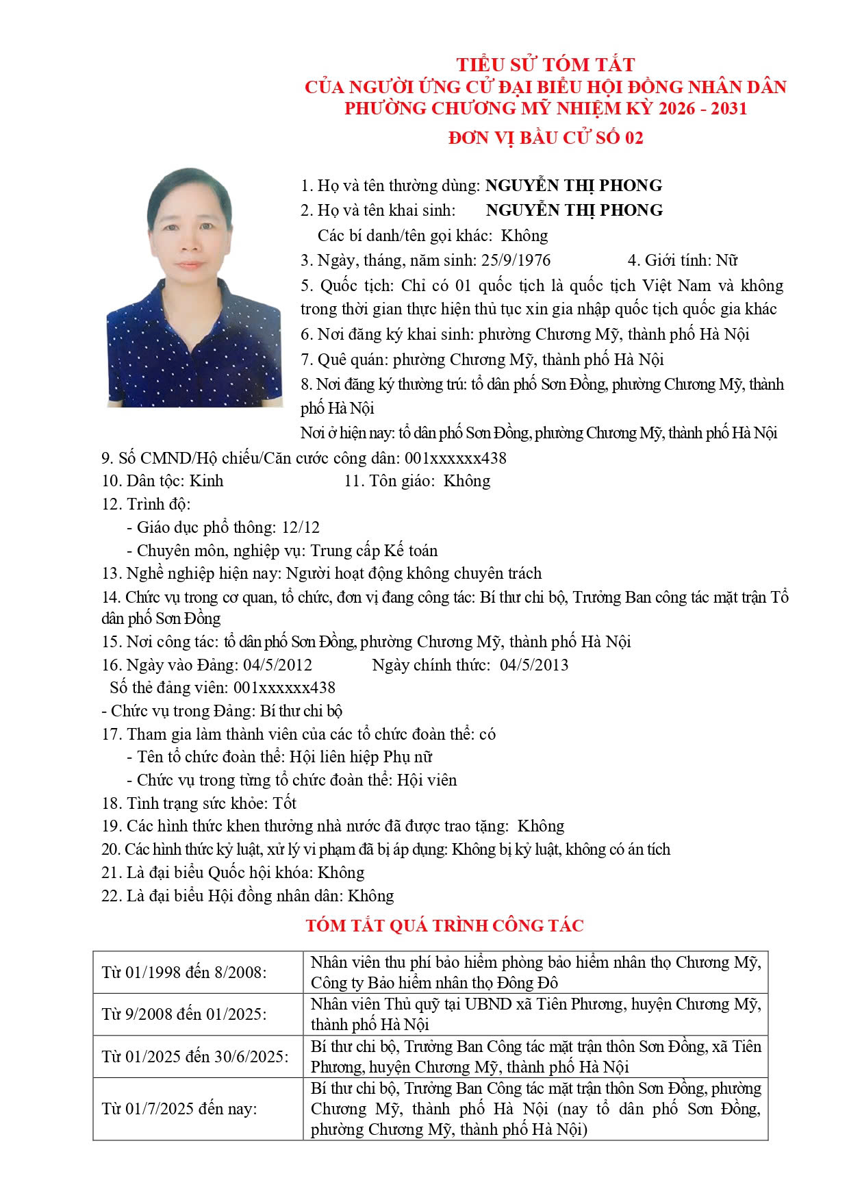 TIỂU SỬ TÓM TẮT CỦA NGƯỜI ỨNG CỬ ĐẠI BIỂU HỘI ĐỒNG NHÂN DÂN PHƯỜNG CHƯƠNG MỸ NHIỆM KỲ 2026 - 2031 - Ảnh 10.