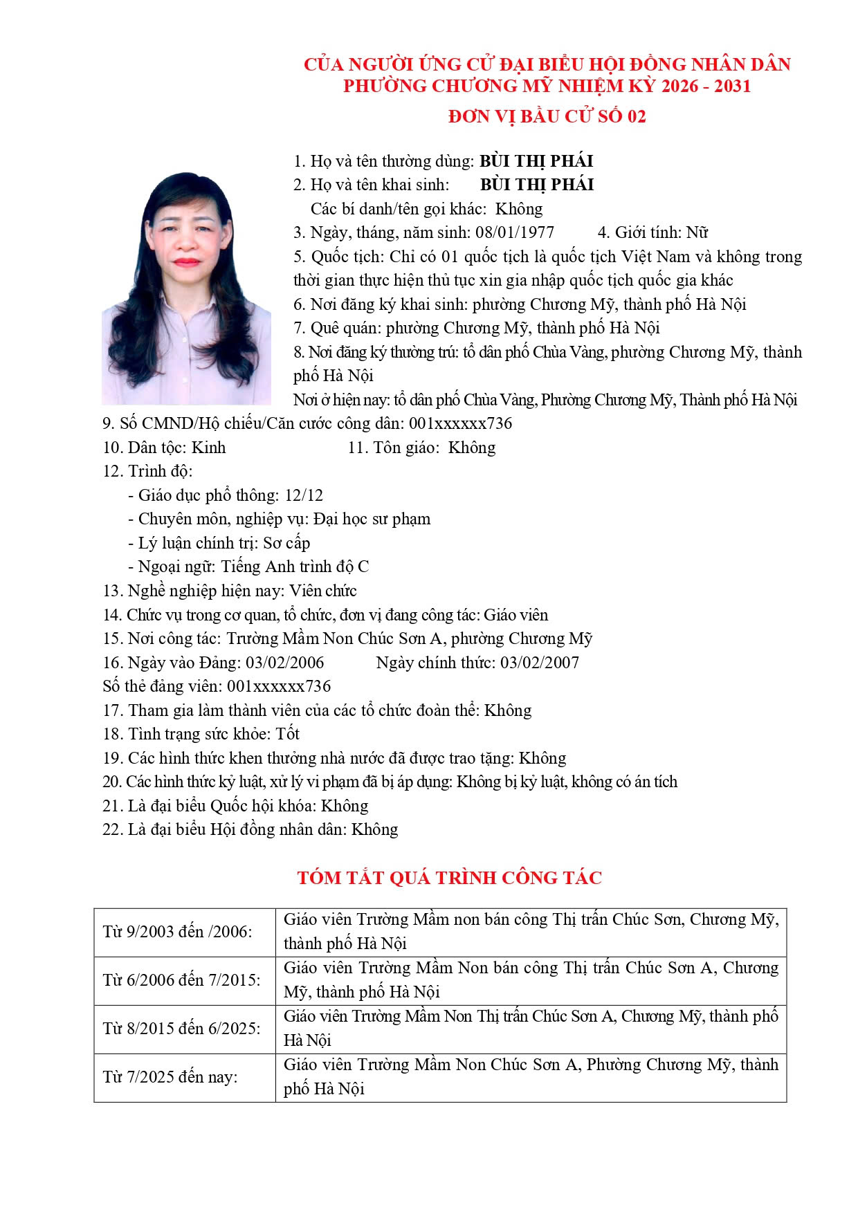 TIỂU SỬ TÓM TẮT CỦA NGƯỜI ỨNG CỬ ĐẠI BIỂU HỘI ĐỒNG NHÂN DÂN PHƯỜNG CHƯƠNG MỸ NHIỆM KỲ 2026 - 2031 - Ảnh 11.