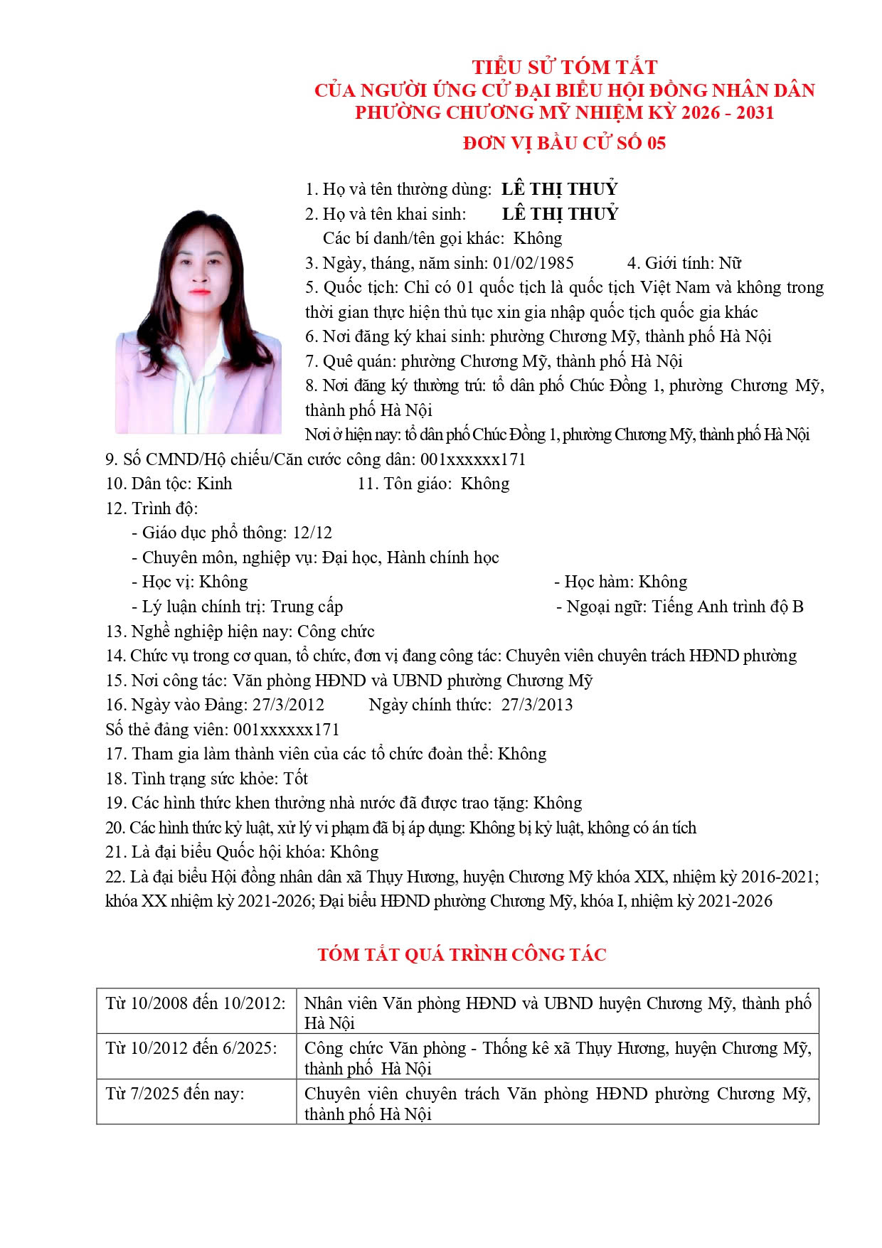 TIỂU SỬ TÓM TẮT CỦA NGƯỜI ỨNG CỬ ĐẠI BIỂU HỘI ĐỒNG NHÂN DÂN PHƯỜNG CHƯƠNG MỸ NHIỆM KỲ 2026 - 2031 - Ảnh 27.