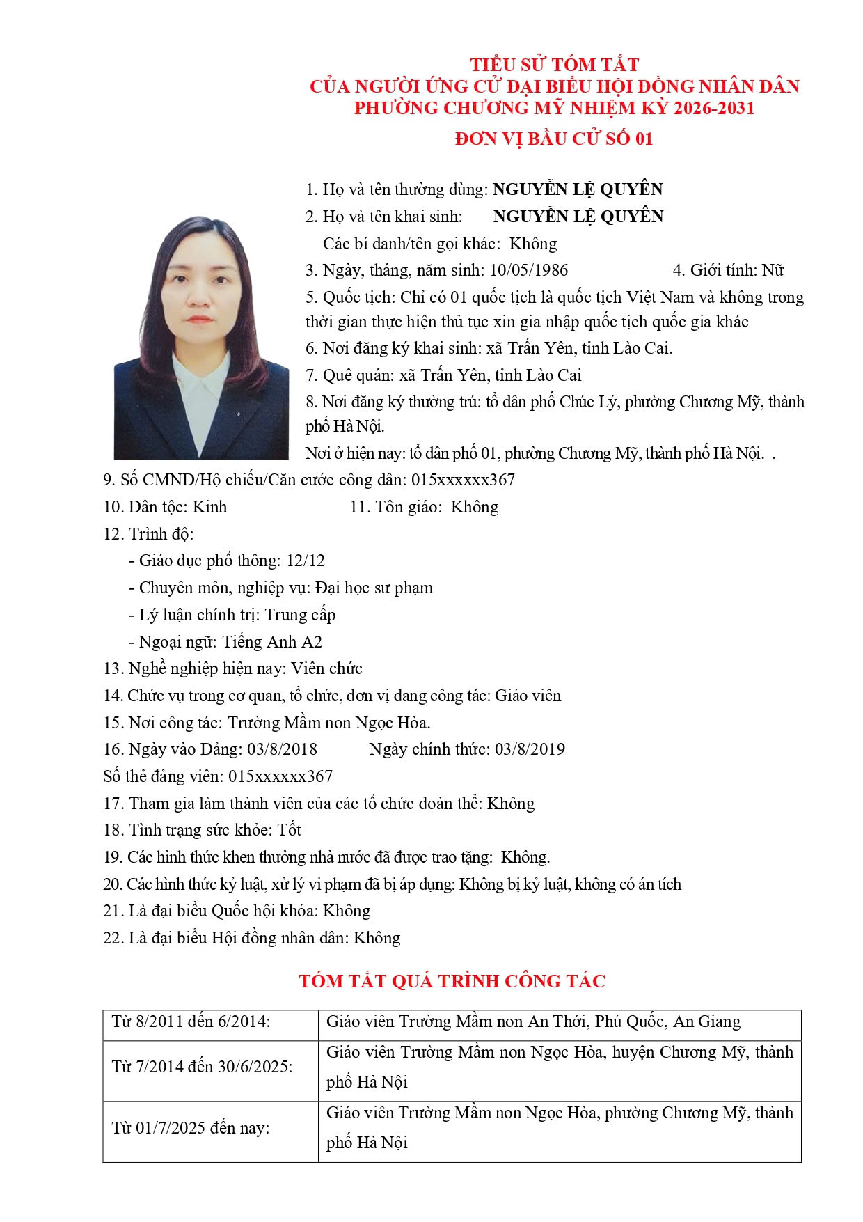 TIỂU SỬ TÓM TẮT CỦA NGƯỜI ỨNG CỬ ĐẠI BIỂU HỘI ĐỒNG NHÂN DÂN PHƯỜNG CHƯƠNG MỸ NHIỆM KỲ 2026 - 2031 - Ảnh 3.