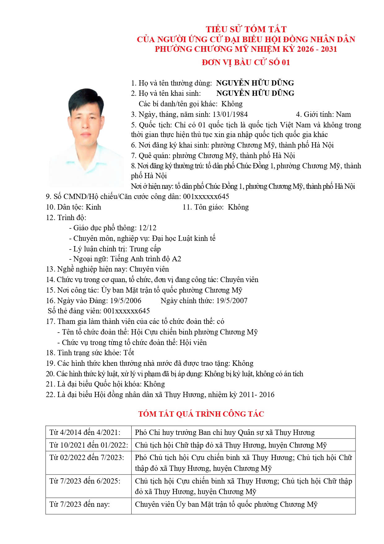 TIỂU SỬ TÓM TẮT CỦA NGƯỜI ỨNG CỬ ĐẠI BIỂU HỘI ĐỒNG NHÂN DÂN PHƯỜNG CHƯƠNG MỸ NHIỆM KỲ 2026 - 2031 - Ảnh 4.